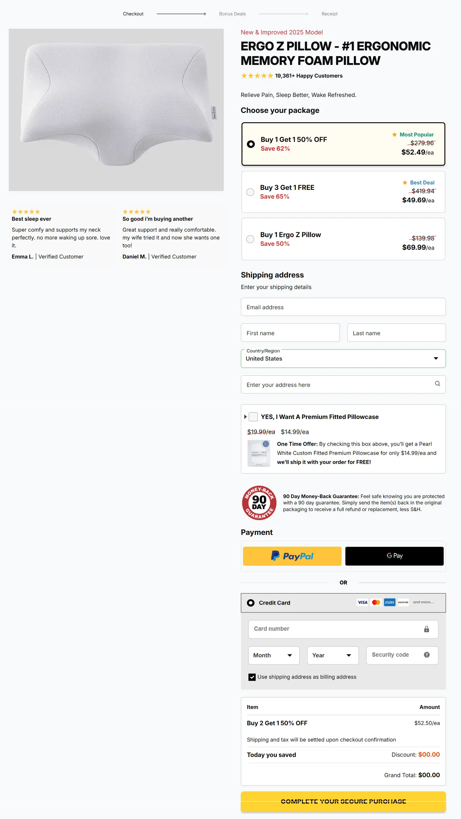 Ergonomic Pillow secure checkout page